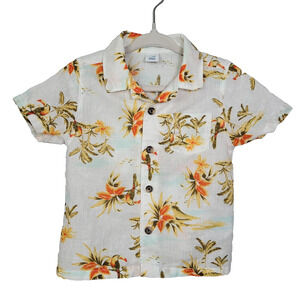 Old Navy Linen Blend Button Shirt Toucan Parrot Tropical Hawaiian Toddler 12-18